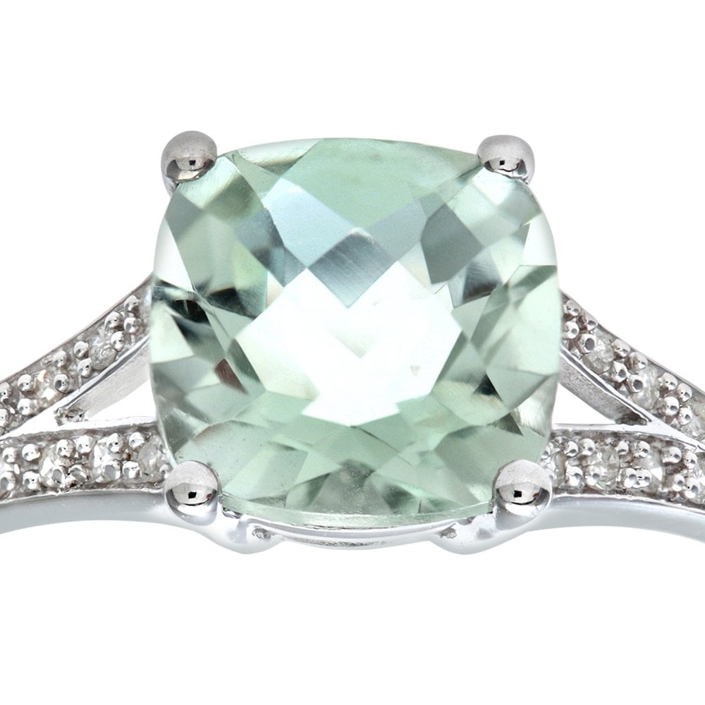 SPARKLD 9ct White Gold Cushion Cut Green Amethyst Ring With 0.07ct Diamond Shoulders