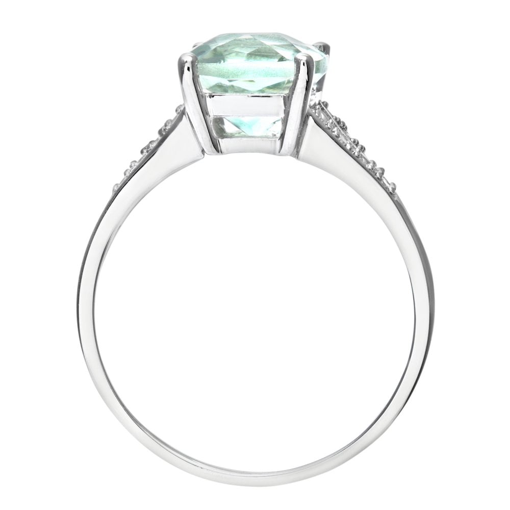 SPARKLD 9ct White Gold Cushion Cut Green Amethyst Ring With 0.07ct Diamond Shoulders