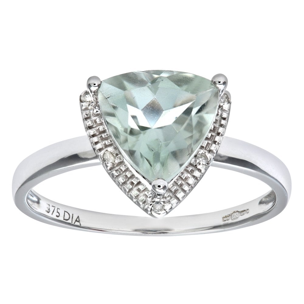 SPARKLD 9ct White Gold Triangular Cut Green Amethyst and 0.25ct Diamond Ring