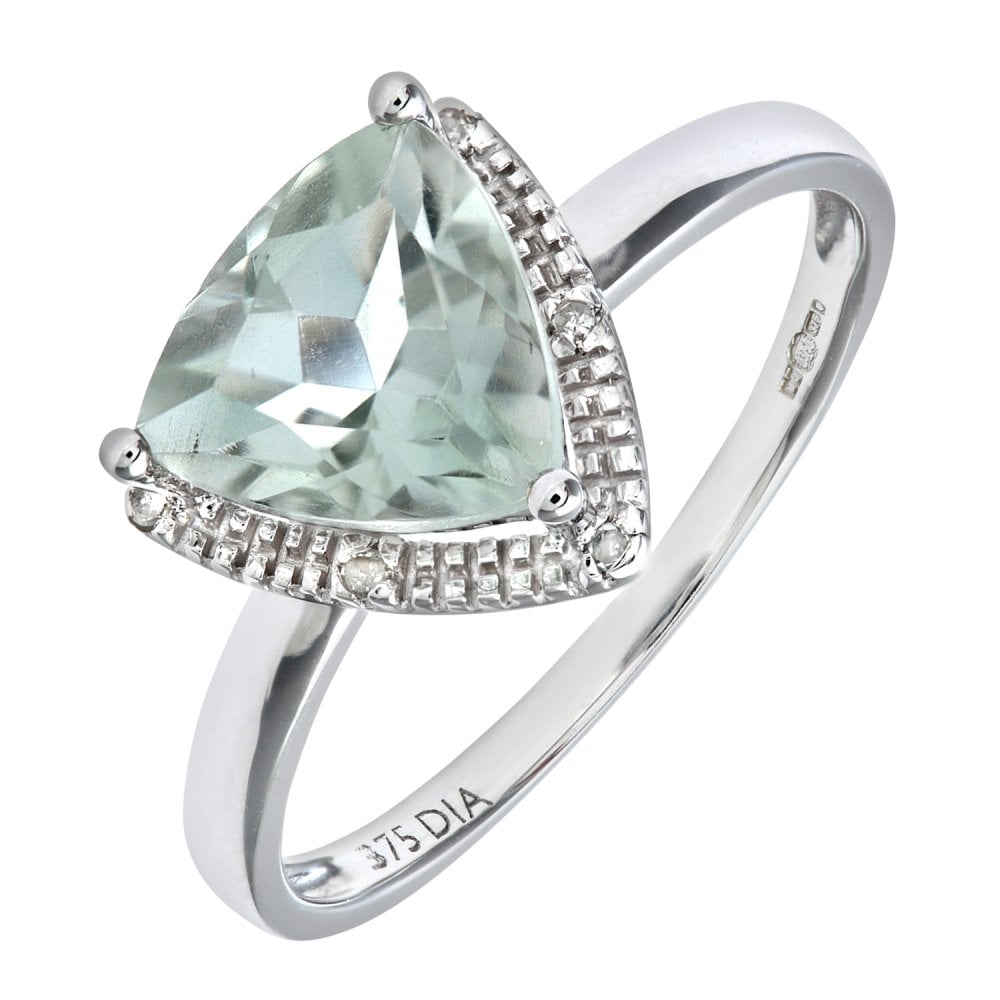 SPARKLD 9ct White Gold Triangular Cut Green Amethyst and 0.25ct Diamond Ring