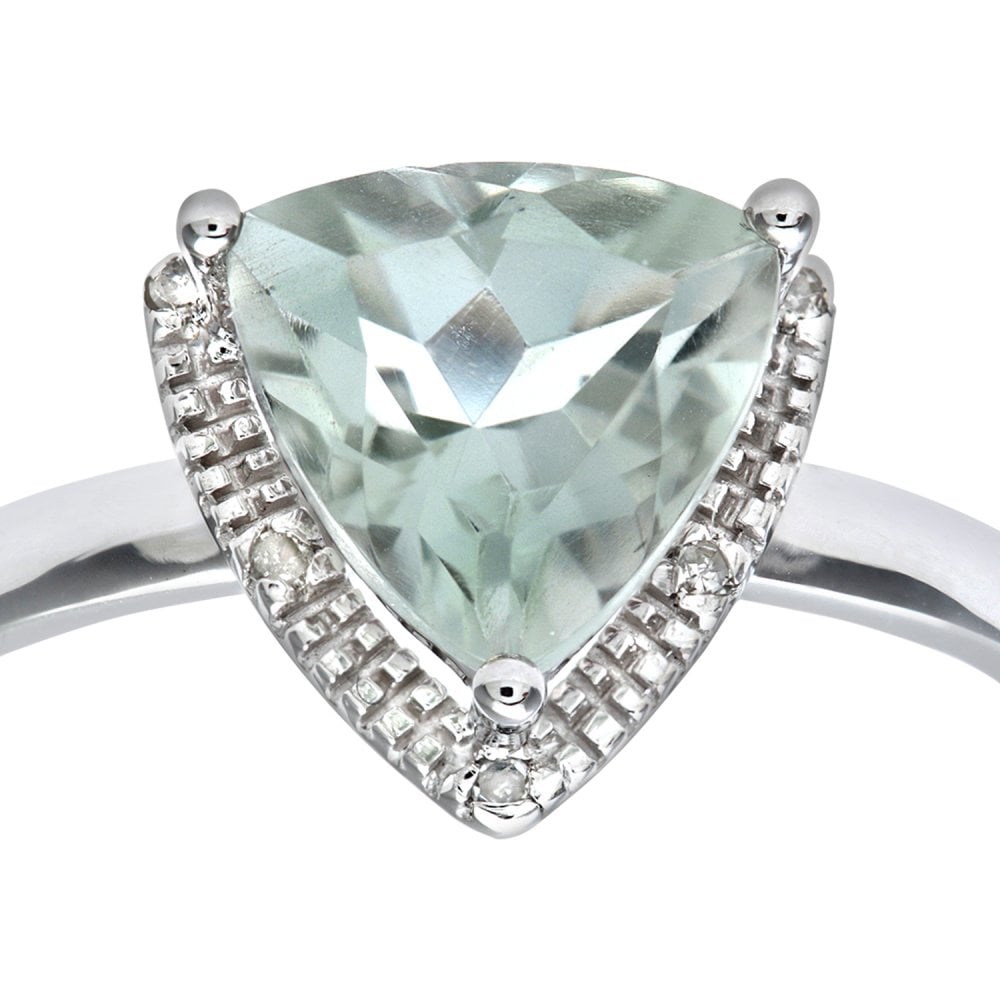 SPARKLD 9ct White Gold Triangular Cut Green Amethyst and 0.25ct Diamond Ring