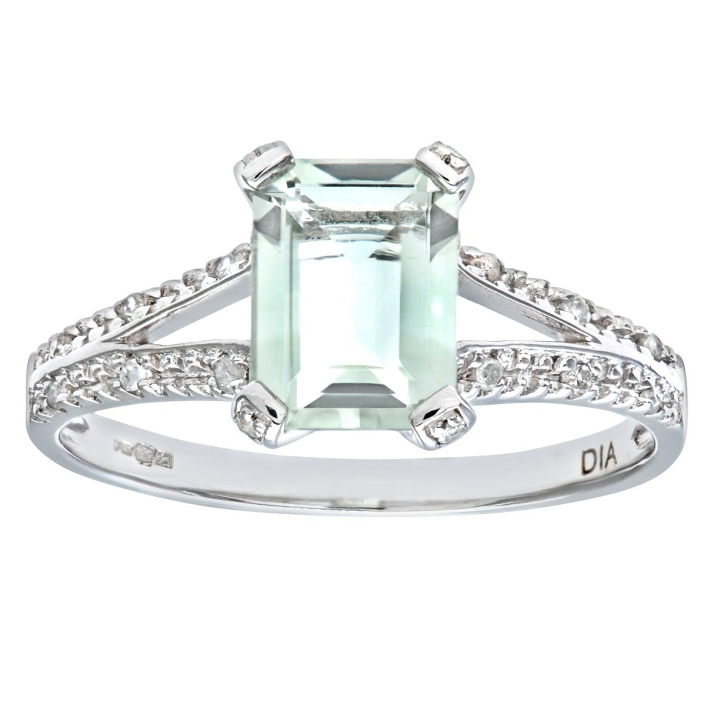 SPARKLD 9ct White Gold Emerald Cut Green Amethyst Ring with 0.07ct Diamond Shoulders