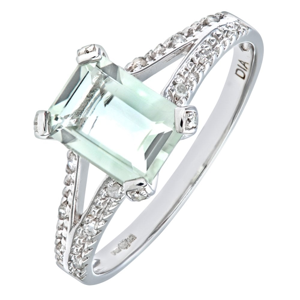 SPARKLD 9ct White Gold Emerald Cut Green Amethyst Ring with 0.07ct Diamond Shoulders