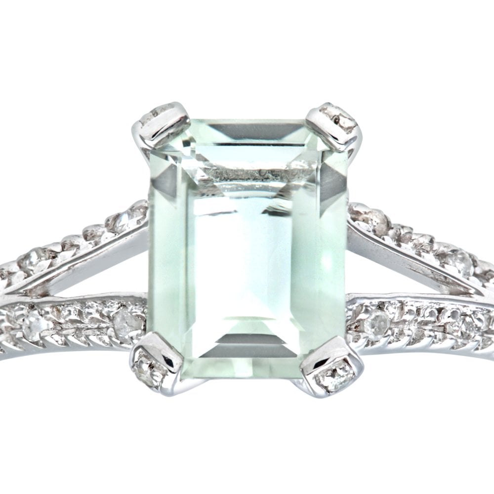 SPARKLD 9ct White Gold Emerald Cut Green Amethyst Ring with 0.07ct Diamond Shoulders