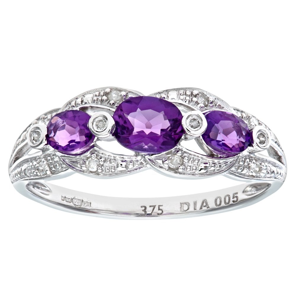 SPARKLD 9ct White Gold Amethyst and 0.05ct Diamond Fig 8 Design Ring