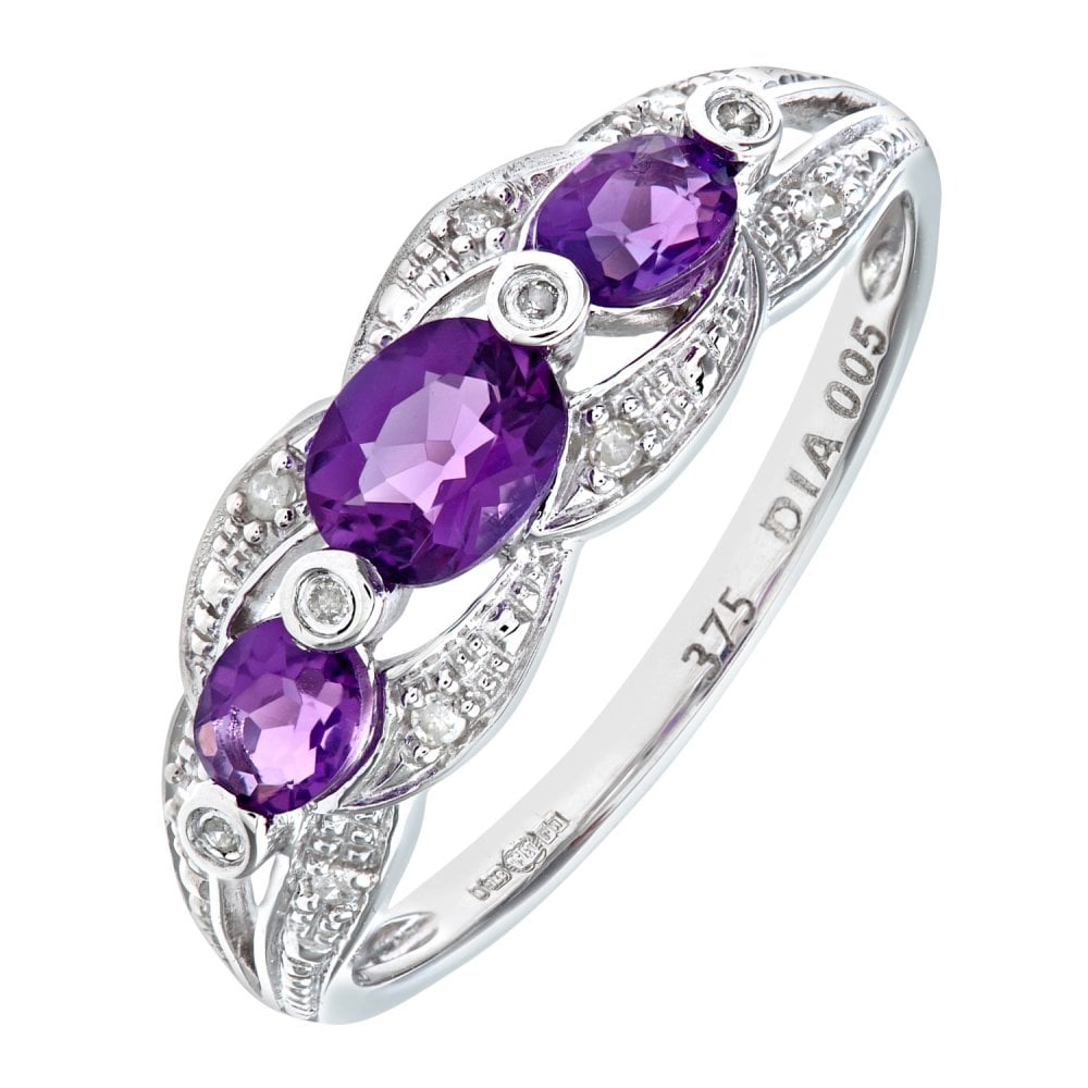 SPARKLD 9ct White Gold Amethyst and 0.05ct Diamond Fig 8 Design Ring
