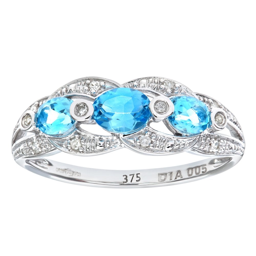 SPARKLD 9ct White Gold Blue Topaz and 0.05ct Diamond Fig Eight Design Ring