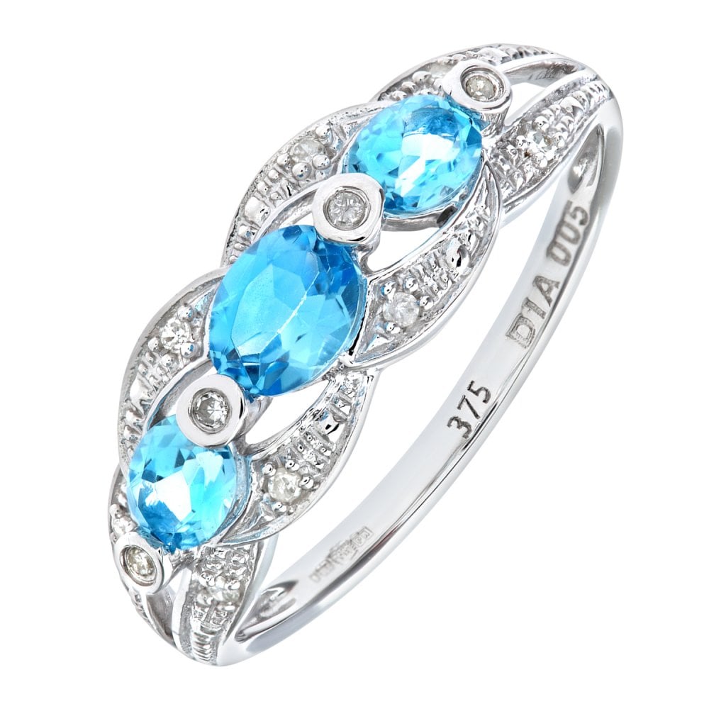 SPARKLD 9ct White Gold Blue Topaz and 0.05ct Diamond Fig Eight Design Ring