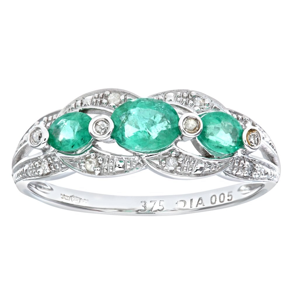 SPARKLD 9ct White Gold 0.05ct Diamond and Emerald Fig Eight Design Ring