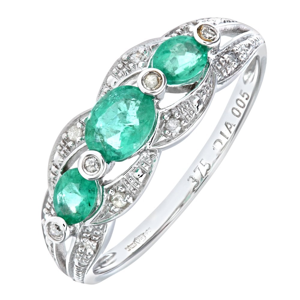 SPARKLD 9ct White Gold 0.05ct Diamond and Emerald Fig Eight Design Ring