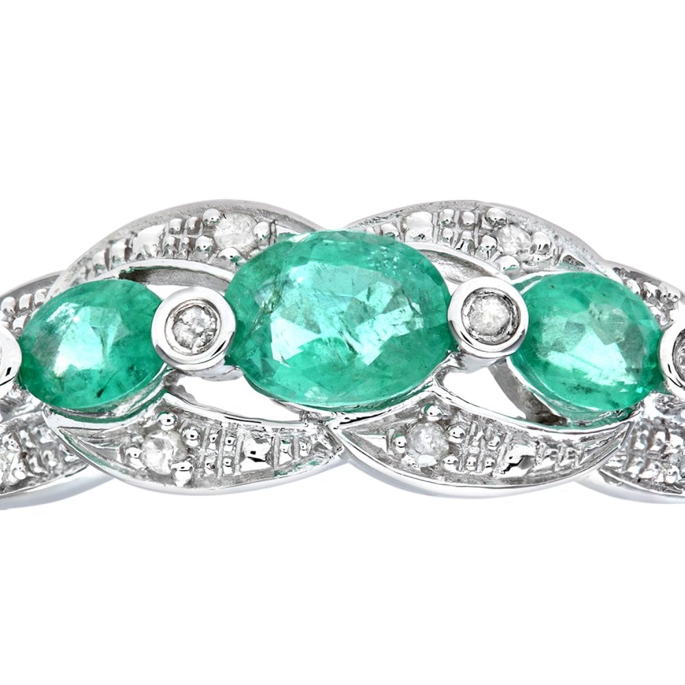 SPARKLD 9ct White Gold 0.05ct Diamond and Emerald Fig Eight Design Ring