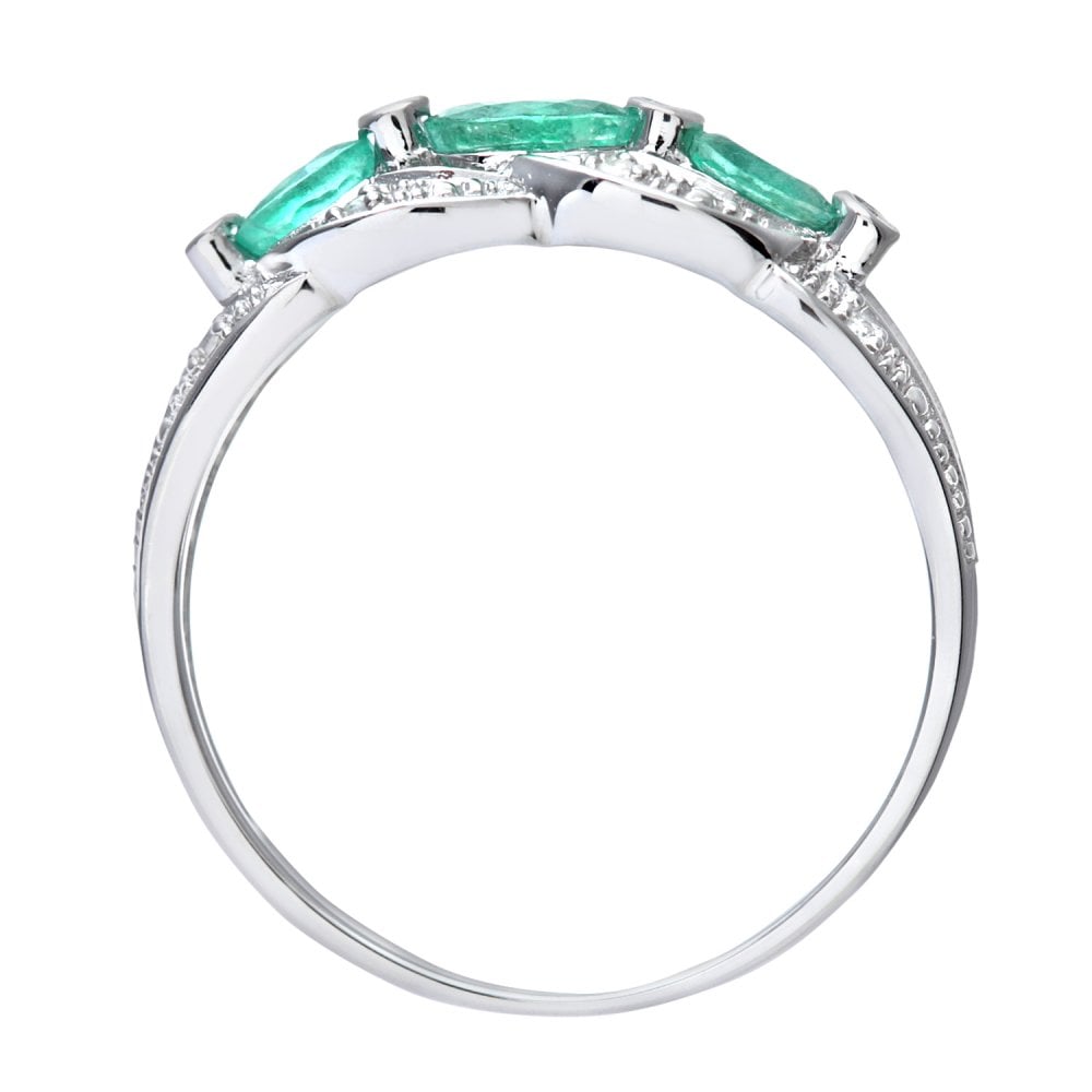 SPARKLD 9ct White Gold 0.05ct Diamond and Emerald Fig Eight Design Ring