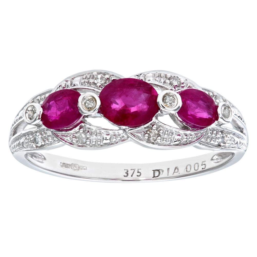 SPARKLD 9ct White Gold Ruby and 0.05ct Diamond Fig 8 Design Ring