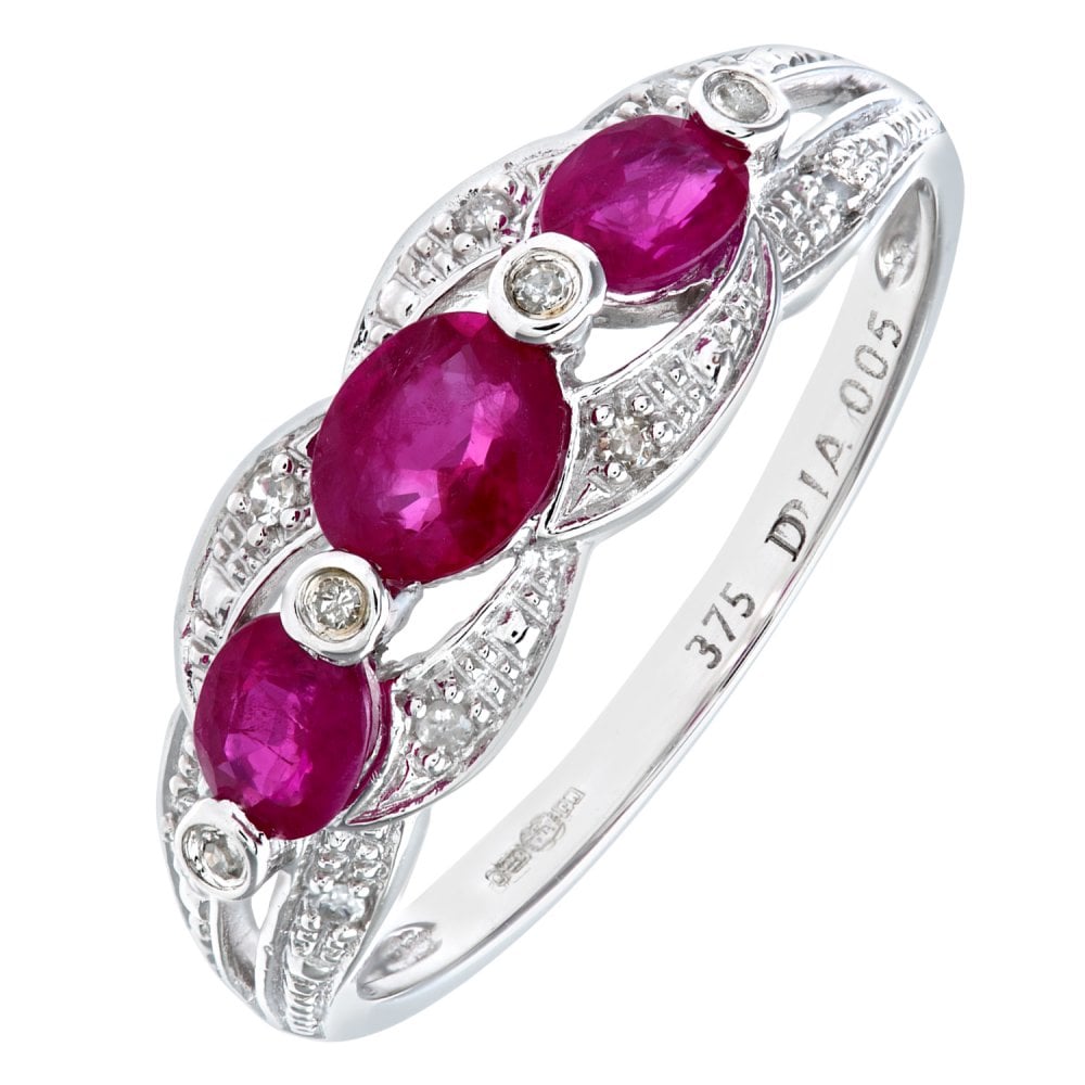 SPARKLD 9ct White Gold Ruby and 0.05ct Diamond Fig 8 Design Ring