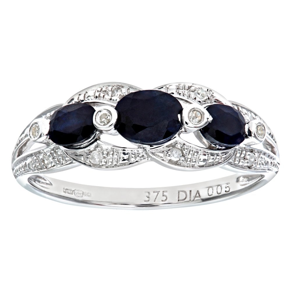 SPARKLD 9ct White Gold Sapphire and 0.05ct Diamond Fig Eight Design Ring