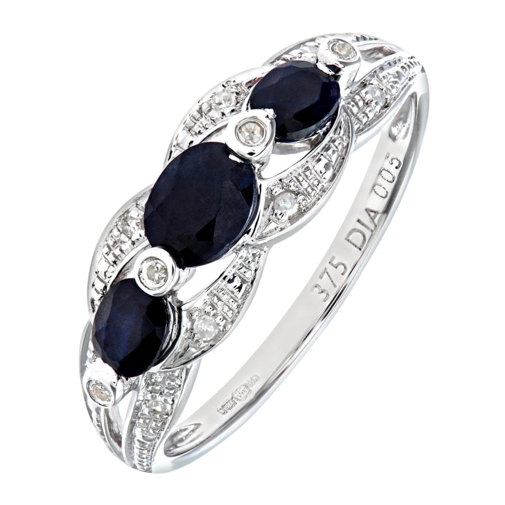 SPARKLD 9ct White Gold Sapphire and 0.05ct Diamond Fig Eight Design Ring