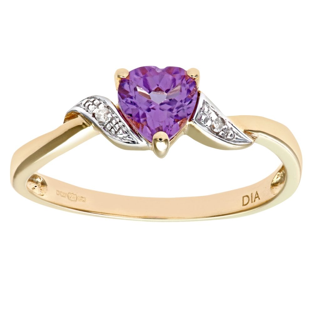 SPARKLD 9ct Yellow Gold Amethyst and 0.01ct Diamond Heart Ring