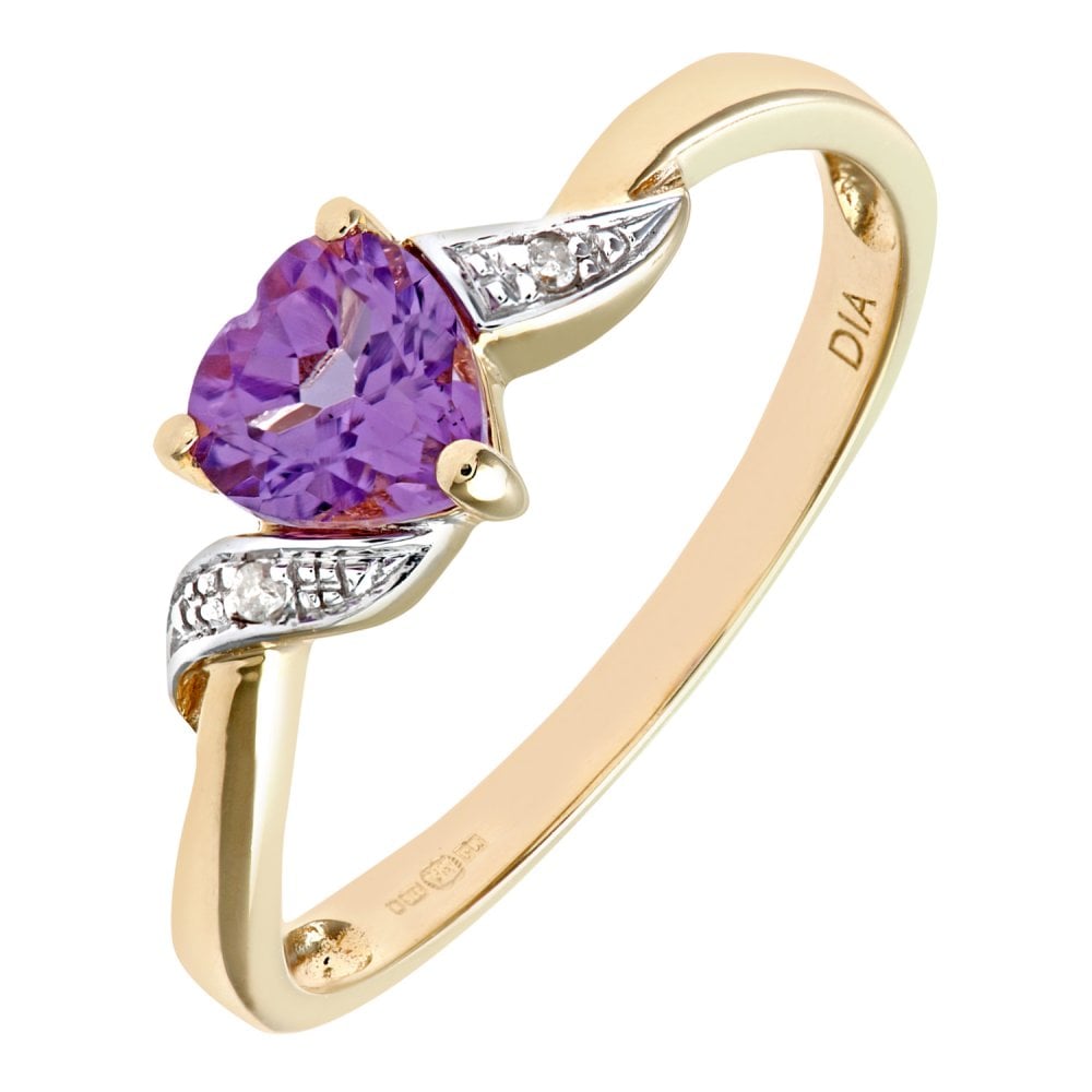 SPARKLD 9ct Yellow Gold Amethyst and 0.01ct Diamond Heart Ring