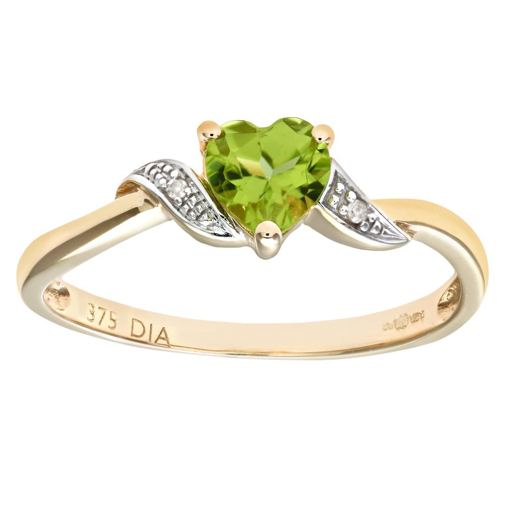 SPARKLD 9ct Yellow Gold Peridot and 0.01ct Diamond Heart Ring