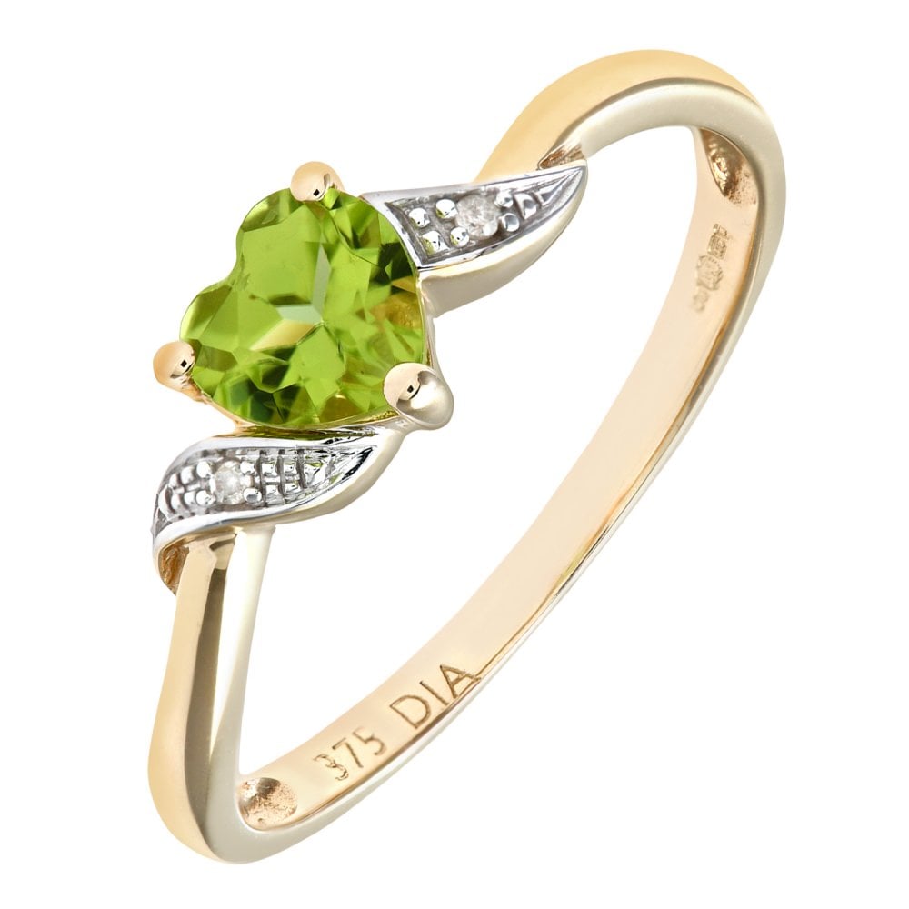 SPARKLD 9ct Yellow Gold Peridot and 0.01ct Diamond Heart Ring