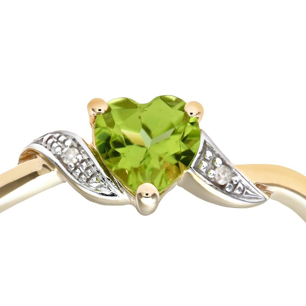 SPARKLD 9ct Yellow Gold Peridot and 0.01ct Diamond Heart Ring