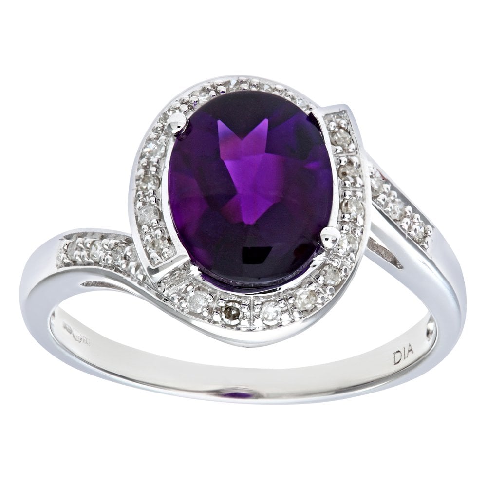 SPARKLD 9ct White Gold 0.10ct Diamond and Amethyst Ring