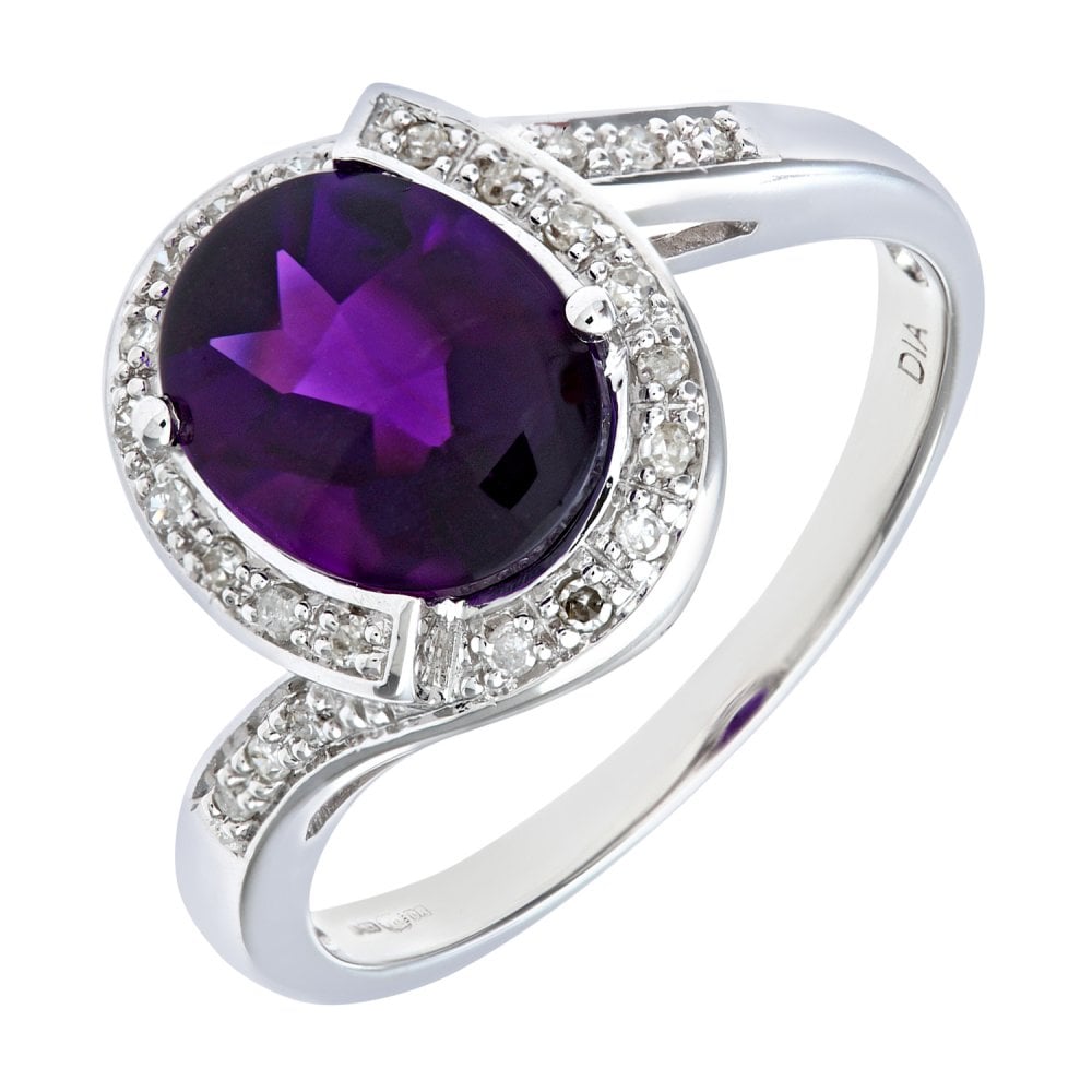 SPARKLD 9ct White Gold 0.10ct Diamond and Amethyst Ring