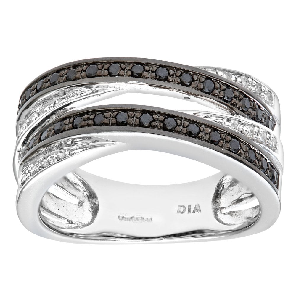 SPARKLD 9ct White Gold 0.30ct Diamond Ringwave set with Black and White Diamonds In Crossover Style
