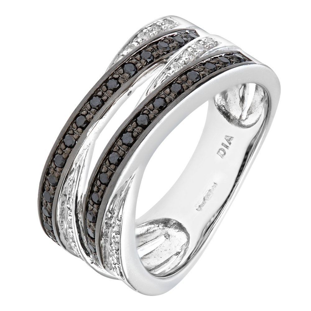 SPARKLD 9ct White Gold 0.30ct Diamond Ringwave set with Black and White Diamonds In Crossover Style