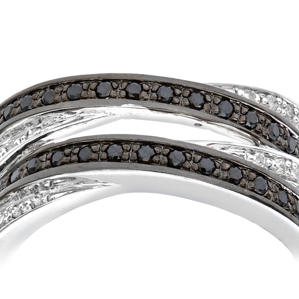 SPARKLD 9ct White Gold 0.30ct Diamond Ringwave set with Black and White Diamonds In Crossover Style