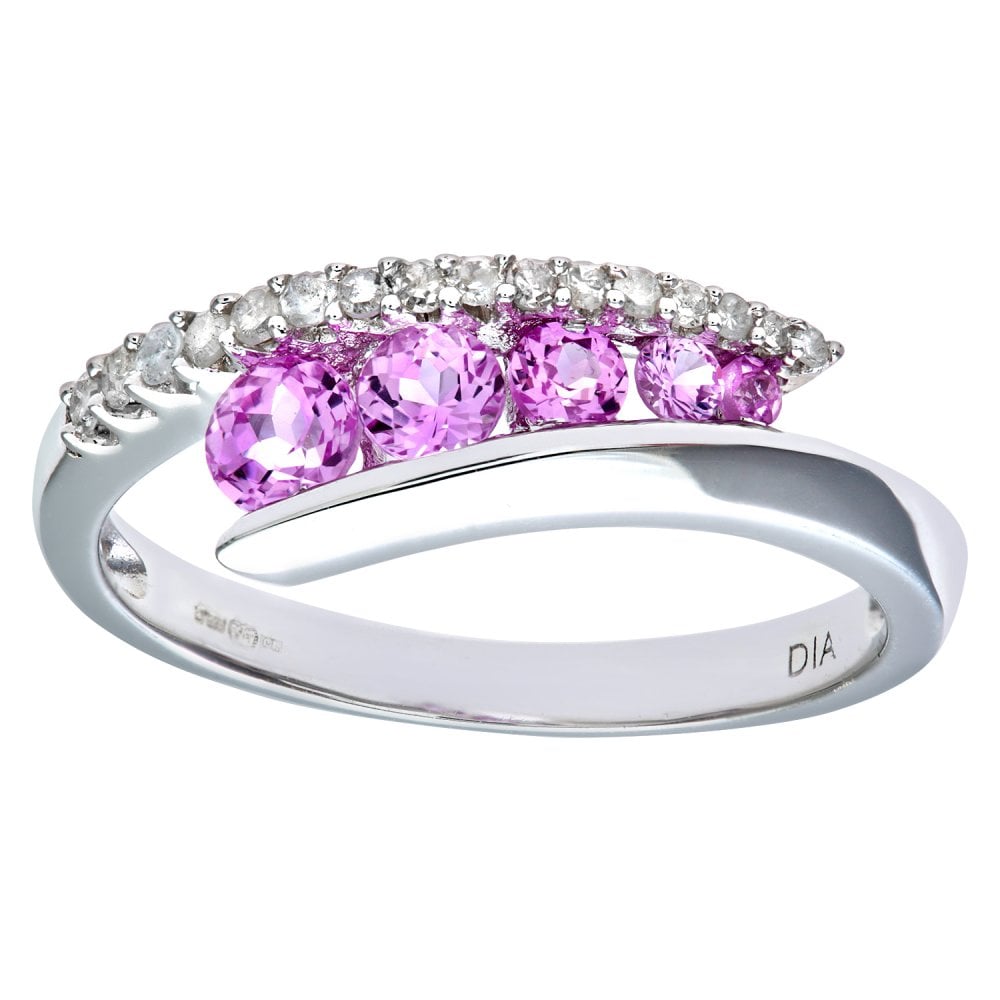 SPARKLD 9ct White Gold 0.15ct Diamond & Created Pink Topaz Crossover Ring