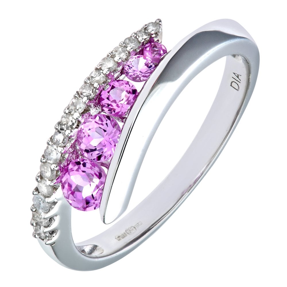 SPARKLD 9ct White Gold 0.15ct Diamond & Created Pink Topaz Crossover Ring