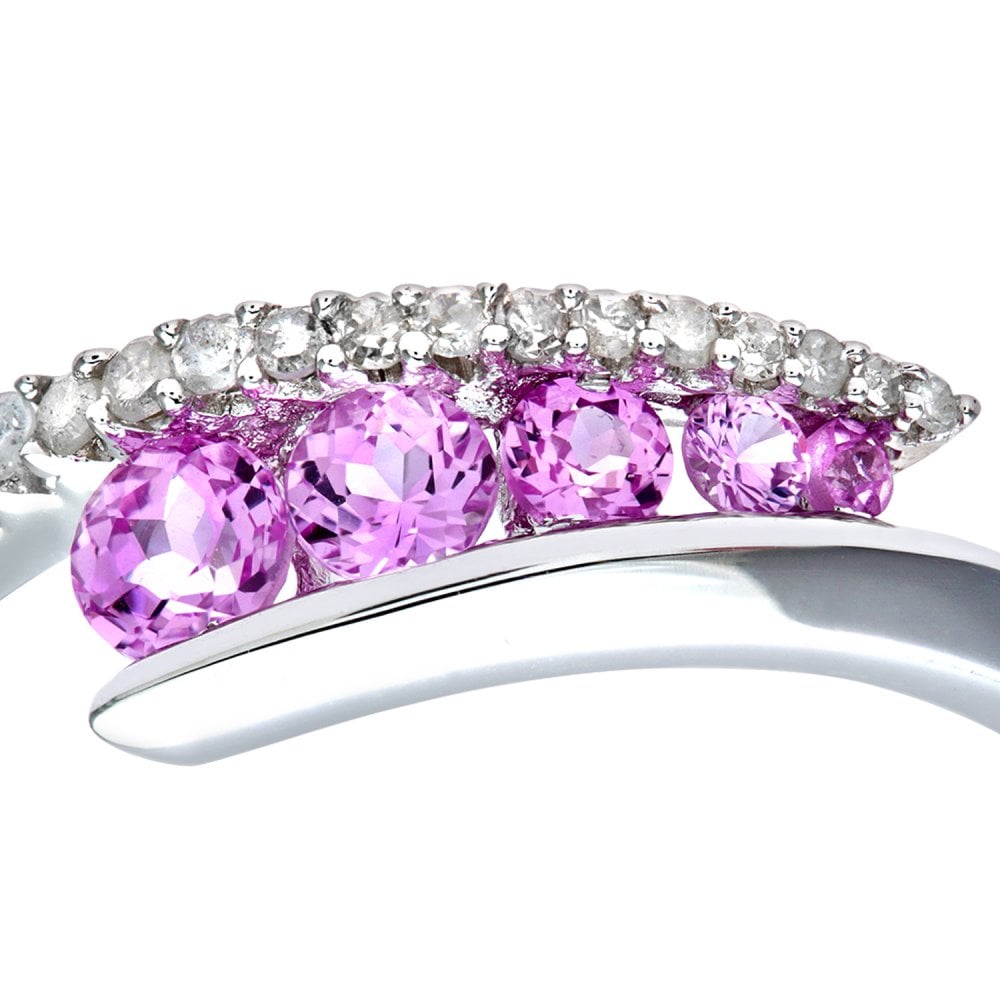 SPARKLD 9ct White Gold 0.15ct Diamond & Created Pink Topaz Crossover Ring