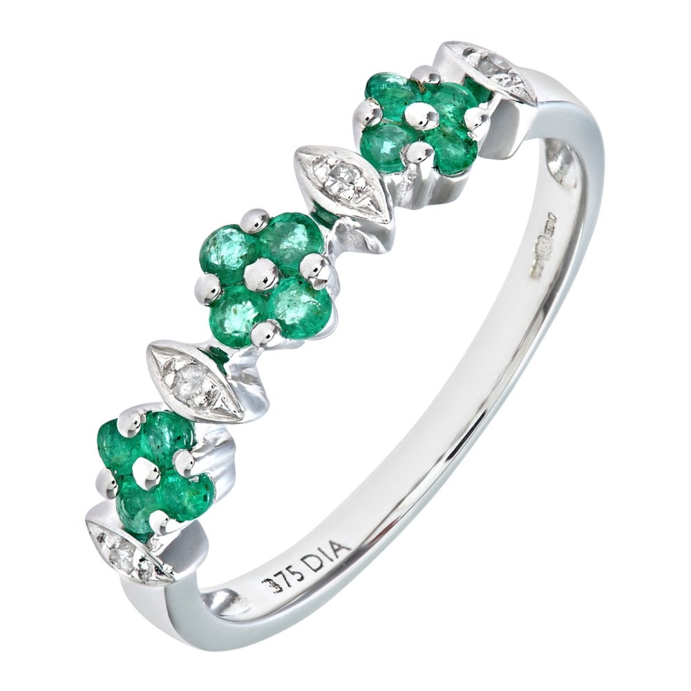 SPARKLD 9ct White Gold 0.02ct Diamond and Emerald Eternity Ring