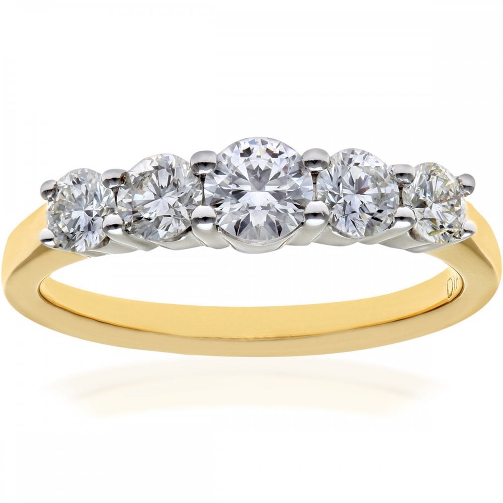 SPARKLD 18ct Yellow Gold 5 stone Eternity Ring, H/SI Certified 1.00ct Round Brilliant Diamonds
