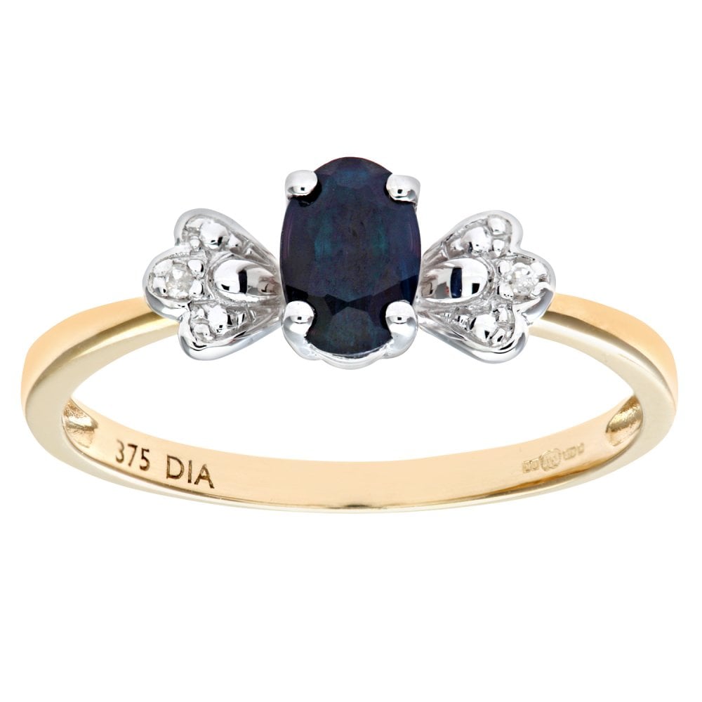 SPARKLD 9ct Yellow Gold Round Brilliant Cut 0.01ct Diamond and Sapphire Bow Ring