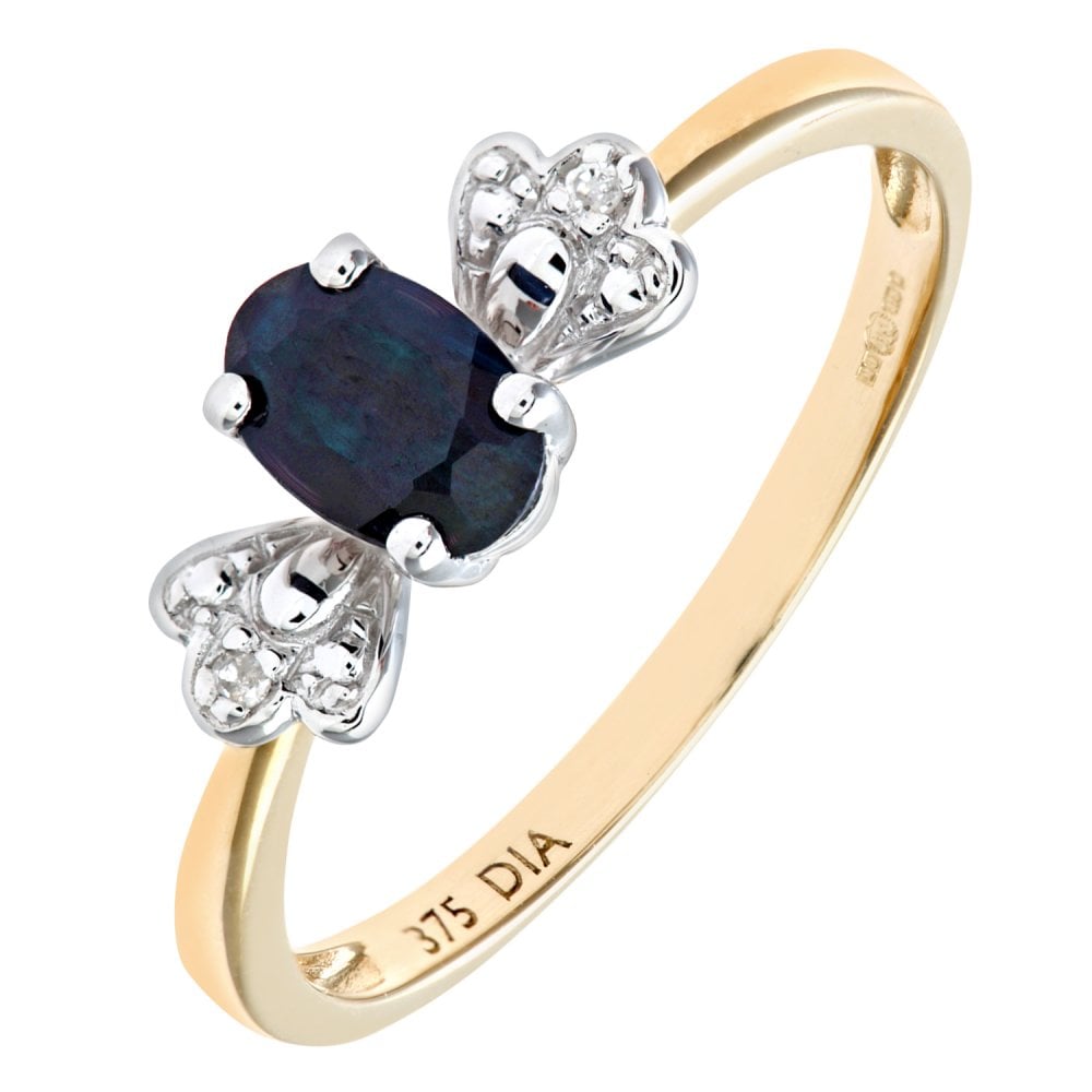 SPARKLD 9ct Yellow Gold Round Brilliant Cut 0.01ct Diamond and Sapphire Bow Ring