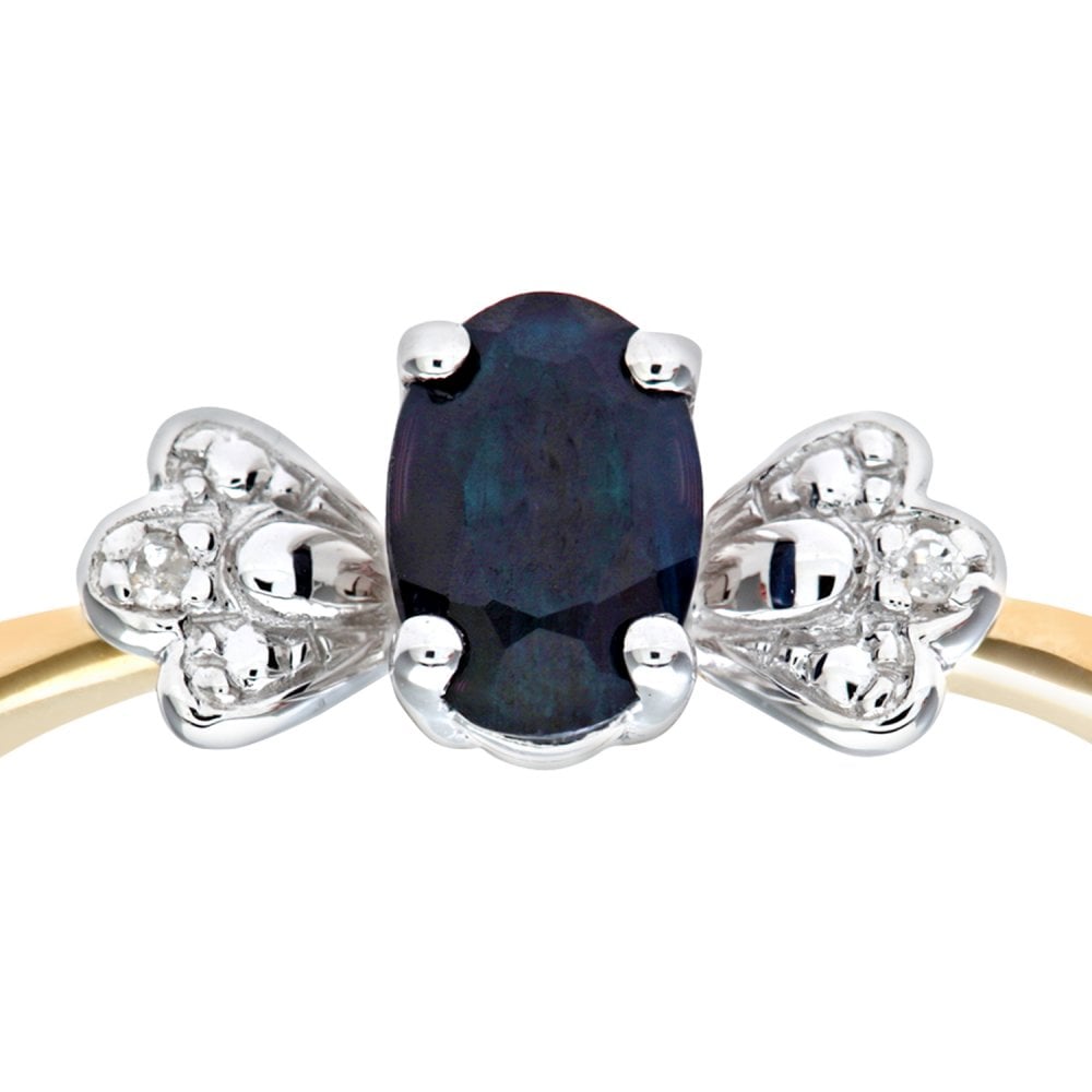 SPARKLD 9ct Yellow Gold Round Brilliant Cut 0.01ct Diamond and Sapphire Bow Ring