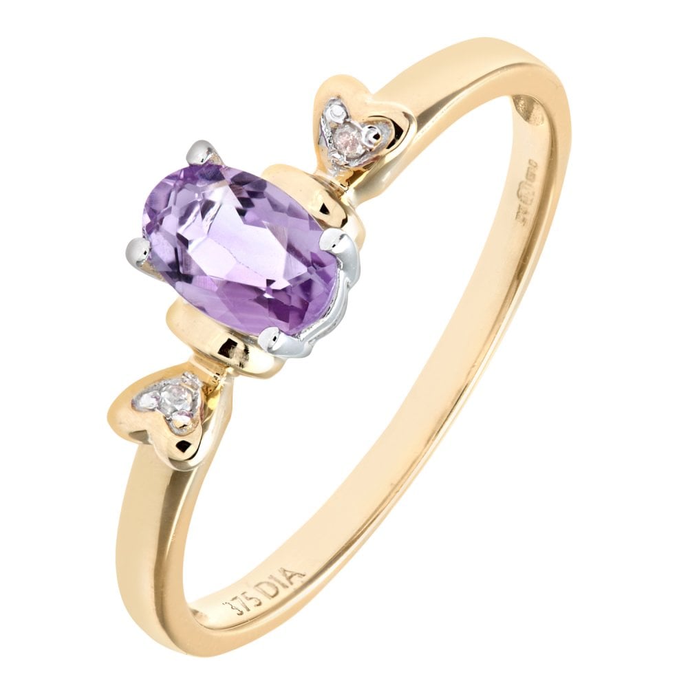 SPARKLD 9ct Yellow Gold Round Brilliant Cut 0.01ct Diamond and Amythyst Fancy Ring