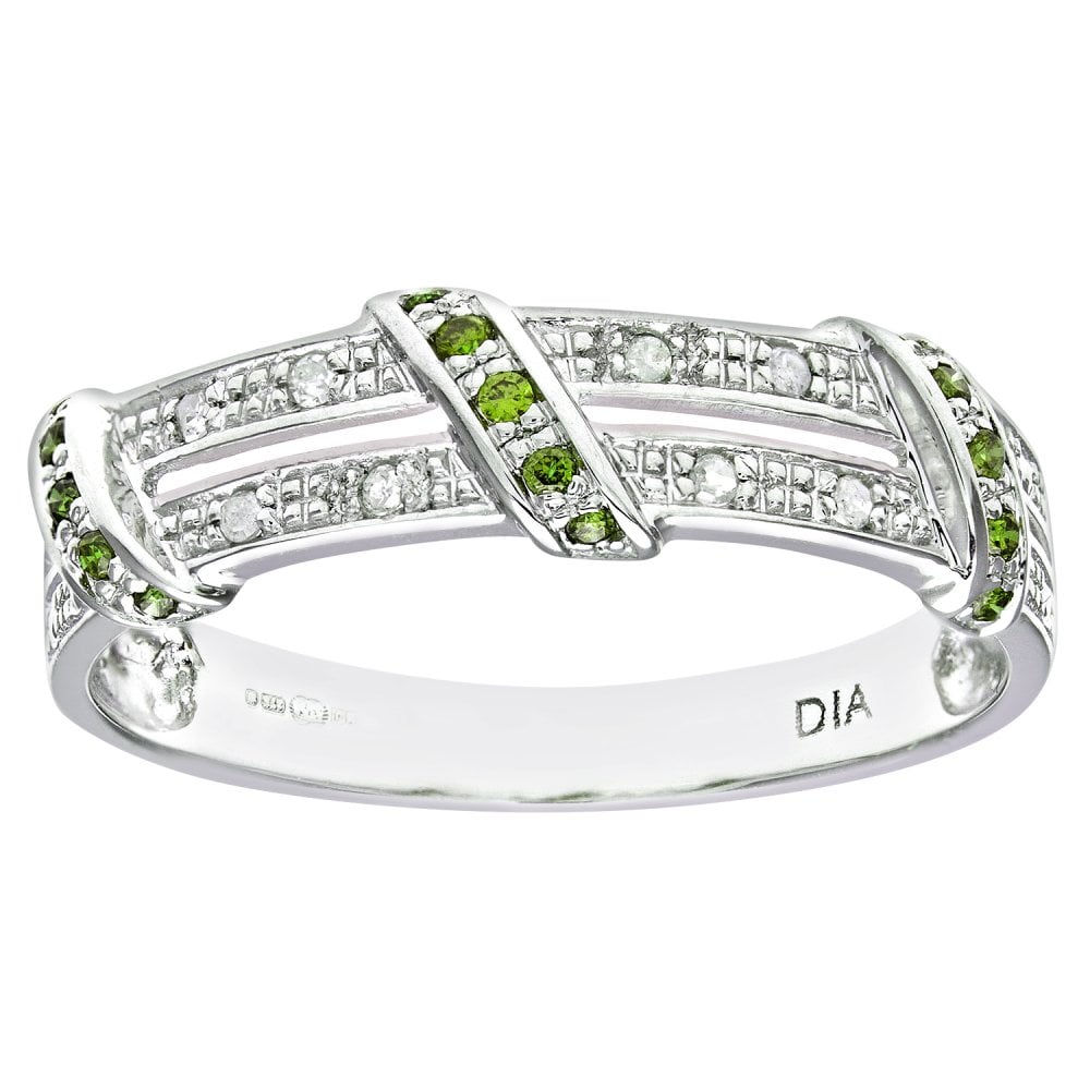 SPARKLD 9ct White Gold Round Brilliant Cut Green 0.04ct Diamond Twist Ribbon Eternity Ring