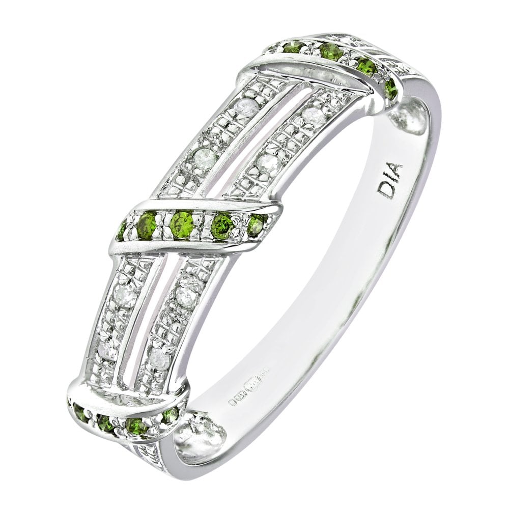 SPARKLD 9ct White Gold Round Brilliant Cut Green 0.04ct Diamond Twist Ribbon Eternity Ring