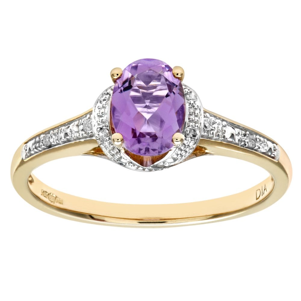 SPARKLD 9ct Yellow Gold Round Brilliant Cut 0.03ct Diamond and Amethyst Fancy Ring