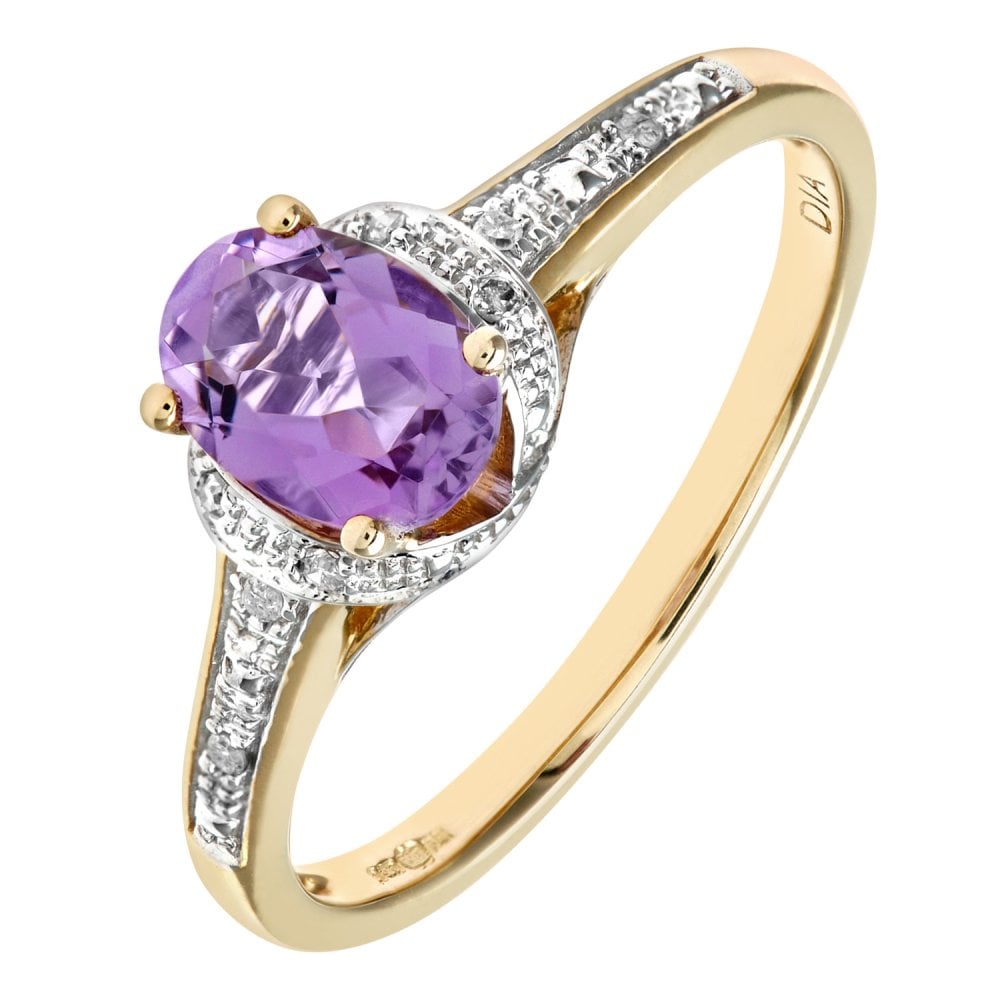 SPARKLD 9ct Yellow Gold Round Brilliant Cut 0.03ct Diamond and Amethyst Fancy Ring