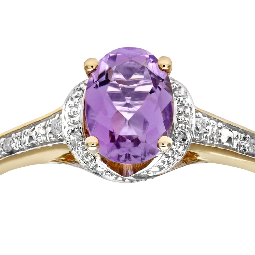 SPARKLD 9ct Yellow Gold Round Brilliant Cut 0.03ct Diamond and Amethyst Fancy Ring