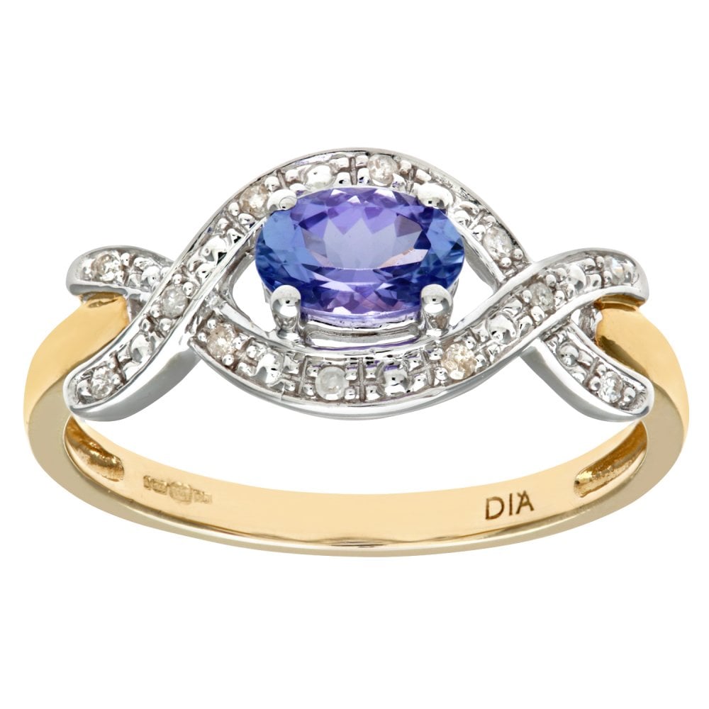SPARKLD 9ct Yellow Gold Four Prong Set Round Brilliant Cut Oval Tanzanite and 0.05ct Diamond Crossover Ring