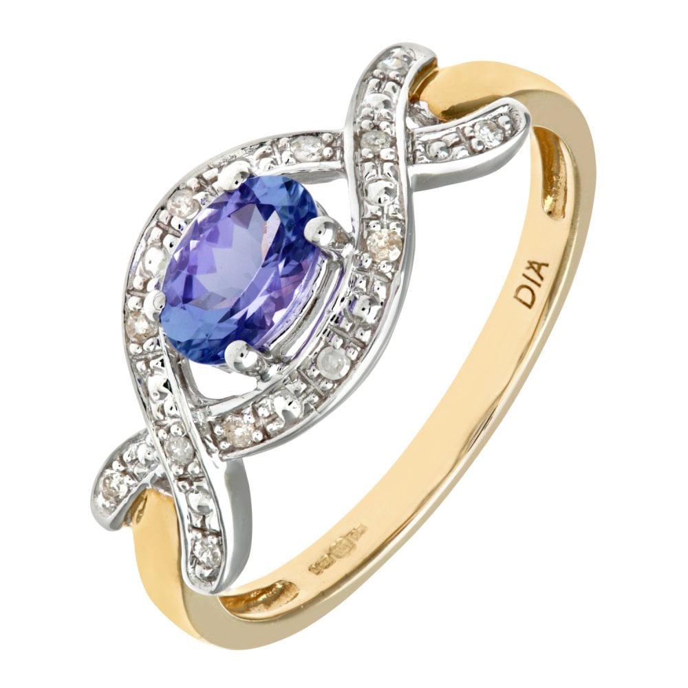 SPARKLD 9ct Yellow Gold Four Prong Set Round Brilliant Cut Oval Tanzanite and 0.05ct Diamond Crossover Ring