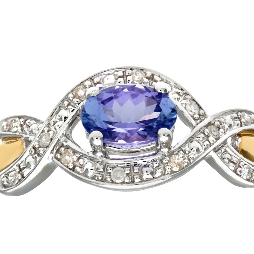 SPARKLD 9ct Yellow Gold Four Prong Set Round Brilliant Cut Oval Tanzanite and 0.05ct Diamond Crossover Ring