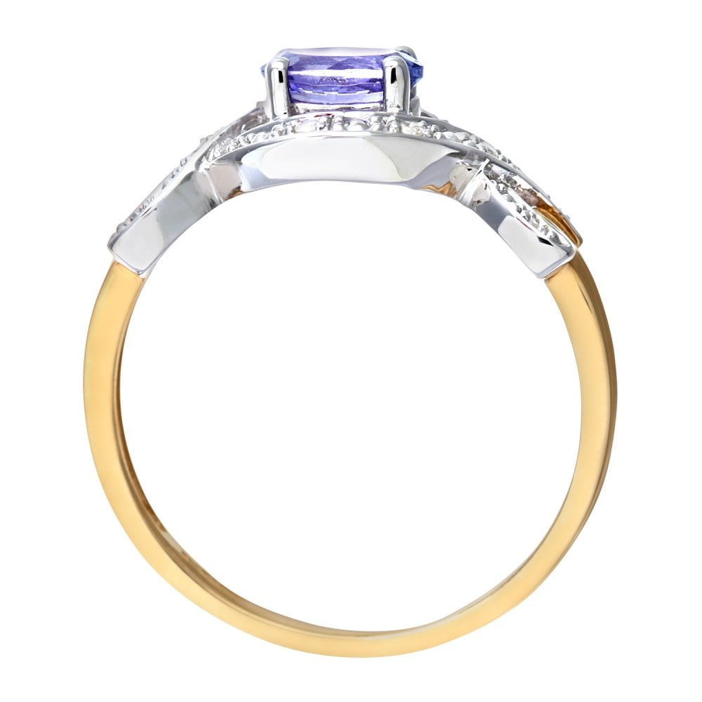 SPARKLD 9ct Yellow Gold Four Prong Set Round Brilliant Cut Oval Tanzanite and 0.05ct Diamond Crossover Ring