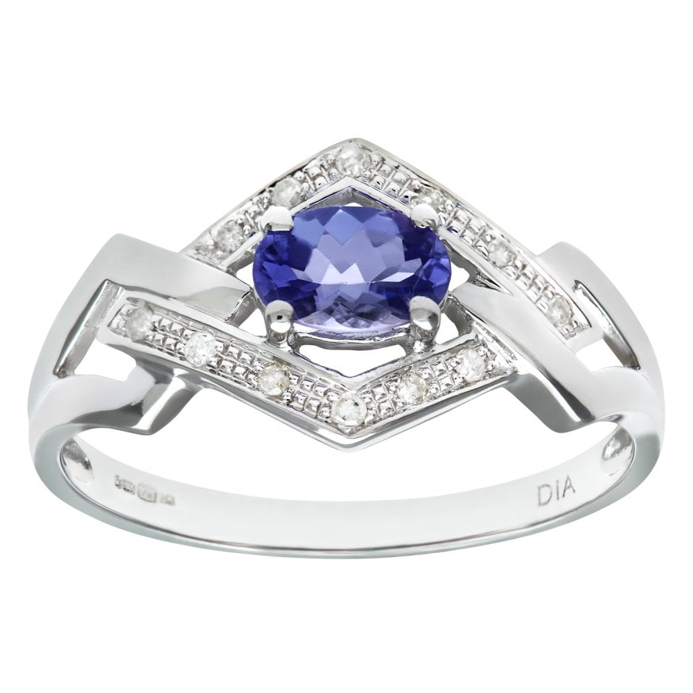 SPARKLD 9ct White Gold Tanzanite and Pave Set 0.05ct Diamond Link Ring