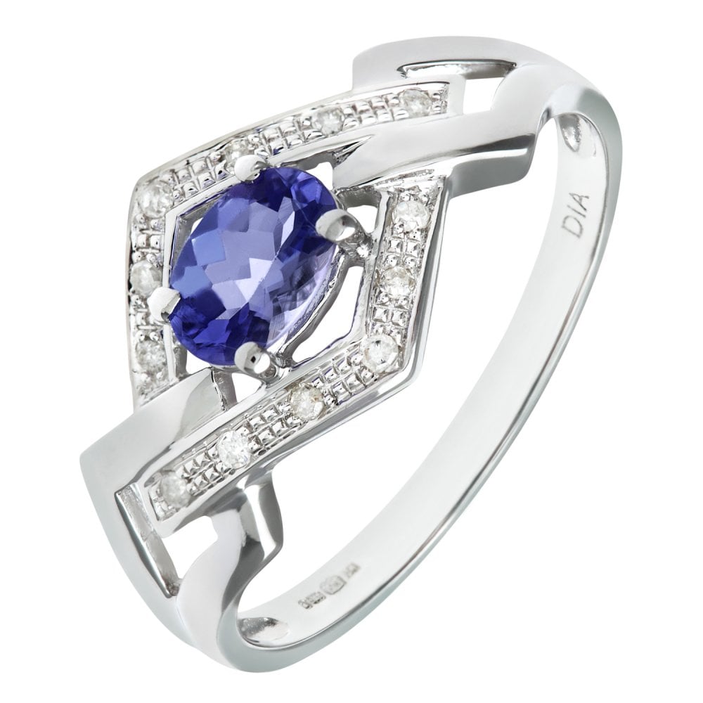 SPARKLD 9ct White Gold Tanzanite and Pave Set 0.05ct Diamond Link Ring